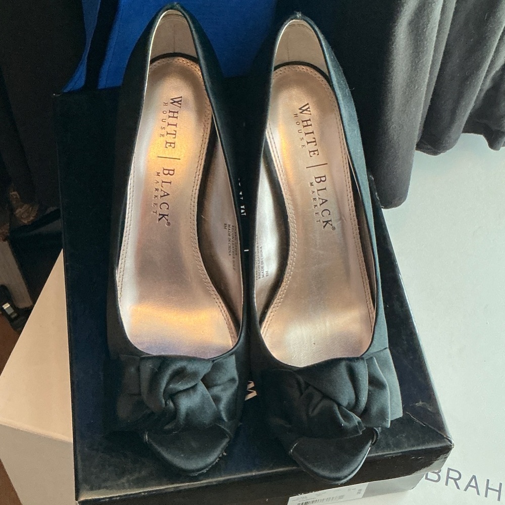 White House Black Market Black Satin Peep-Toe Heels with Bow Accent